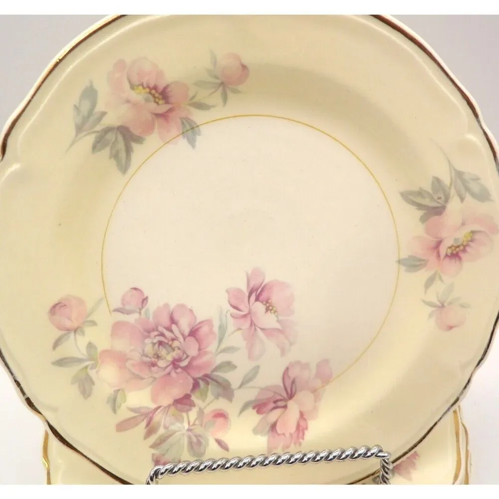 Edwin M Knowles Salad Plate Set of 4 Semi Vitreous Pink Roses 45-3 USA 7 3/8